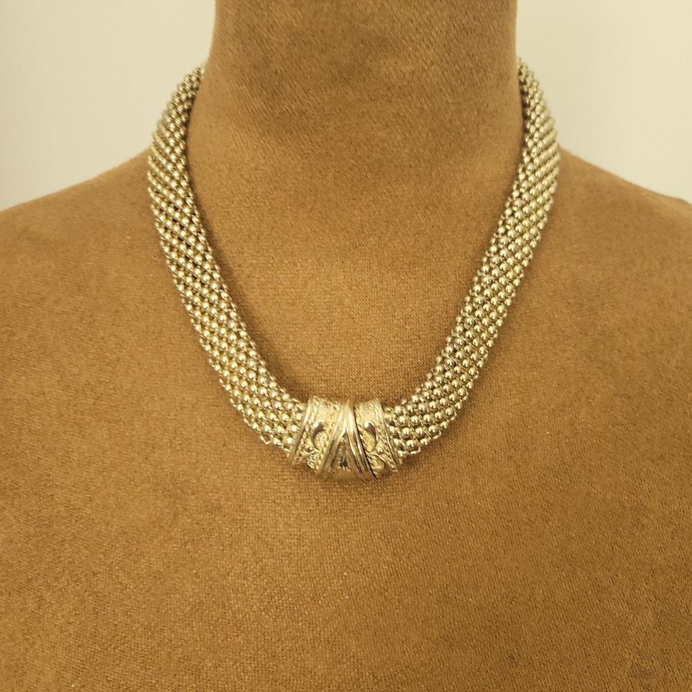 Silver Tone Woven Mesh Bead Magnetic‎ Clasp Collar Necklace 17" Eclectic